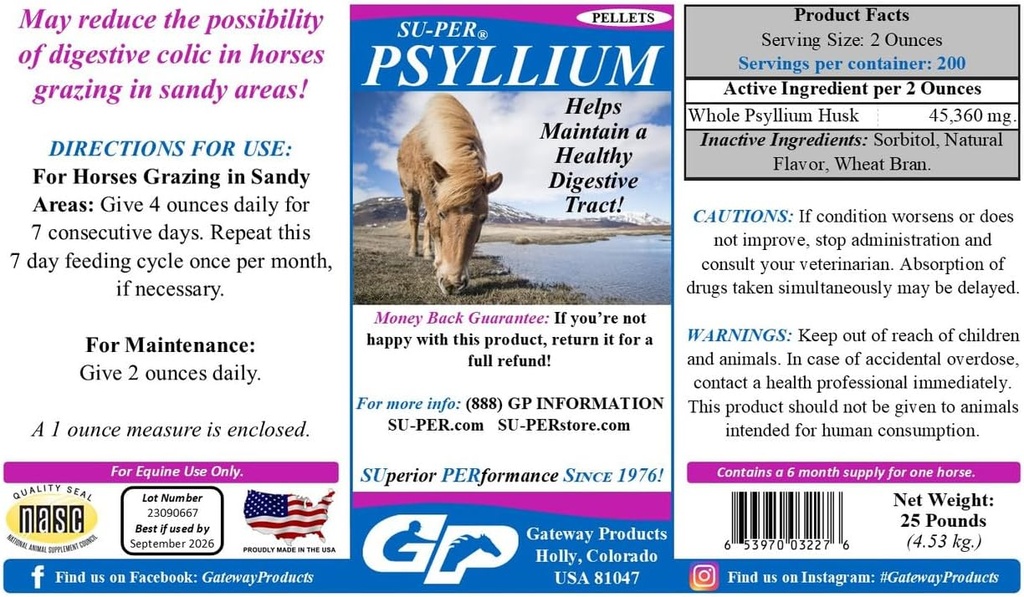 SU-PER Psyllium Pellets Equine Supliment - Mentine un tract digestiv sanatos la cai - Suporturi Îndepărtarea nisipului & Dirt de la Intestinal Tract - 25 Lire, 6 luni de aprovizionare
