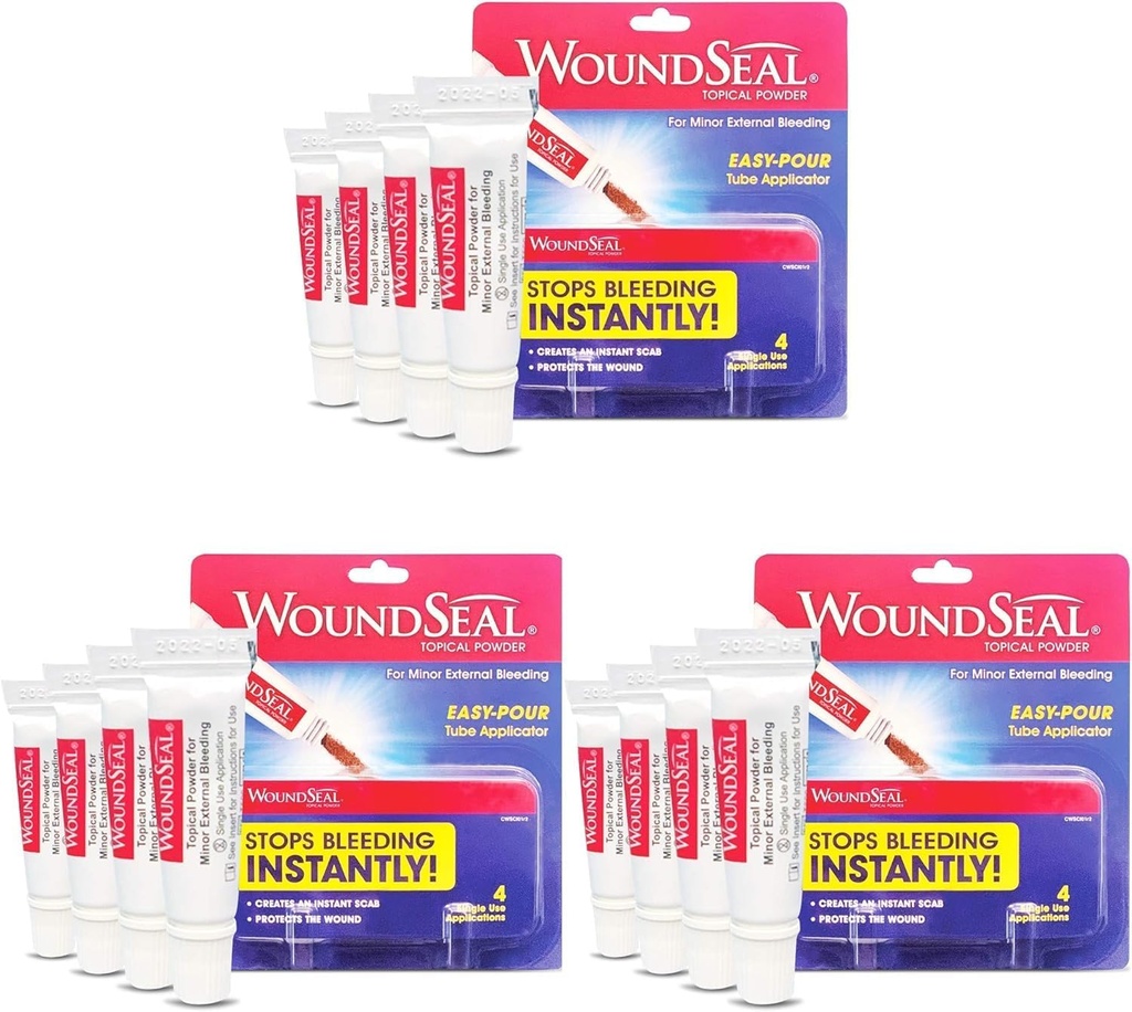 WoundSeal Powder 4 Fiecare (Pachet de 3) - Primul ajutor de îngrijire a rănilor pentru tăieturi, zgârieturi și abraziuni - opreşte sângerarea în secunde fără cusături sau bandaje - sigur și eficient pentru oamenii de toate vârstele și animale de companie
