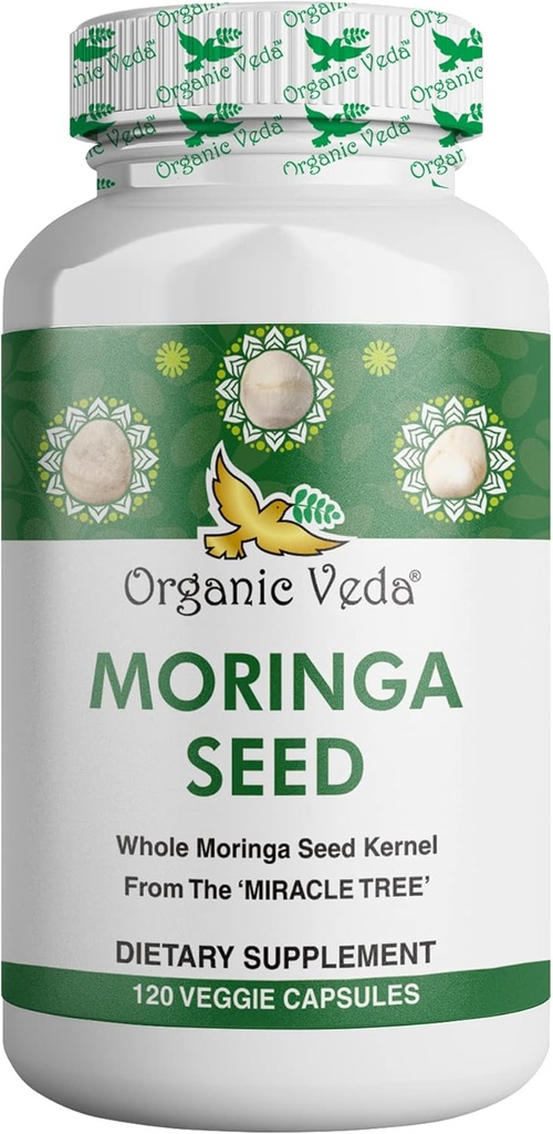 Capsule organice Veda Moringa Seeds - 100% Pure Organic Moringa Oleifera Seed Powder & Moringa Omega 3 & 6, Miracle Tree Antioxidanti, Vitamine - Energie & Focus Boost pentru bărbați și femei, 120 ct