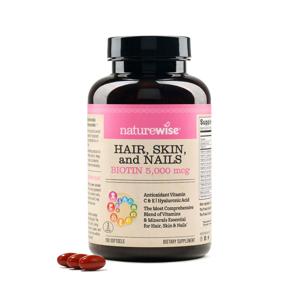 NatureWise Hair Skin and Nails Vitamina, Biotin 5000mcg w/Hyaluronic Acid, Colagen pentru femei cu C, B Complex, D3, A, E, Fier de Fier - non-GMO, Gluten Free - 150 Softgels[50-Day Supply]