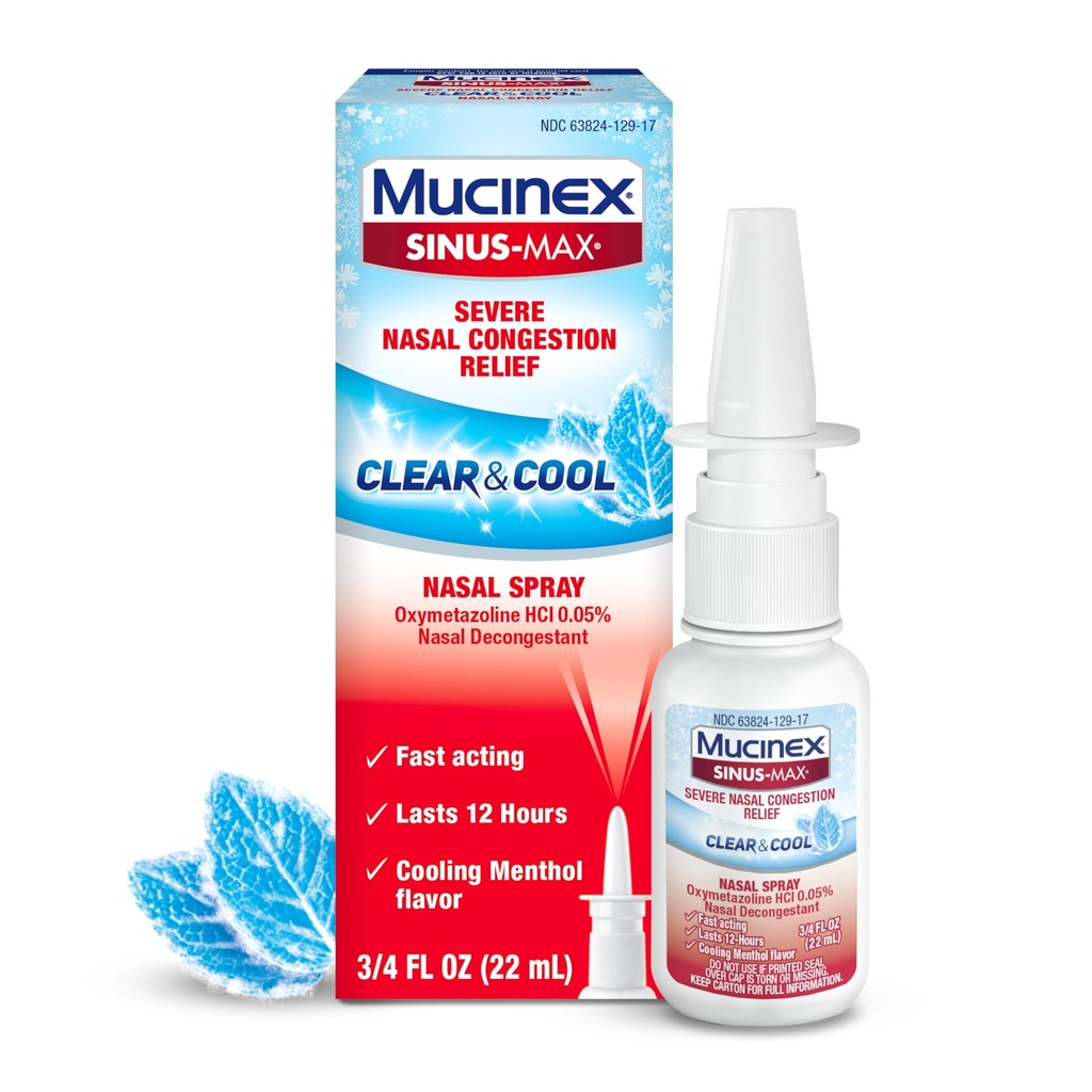 Mucinex Sinus-Max Nasal Spray decongestionant, 12 Ore Over-The-Conunter Medicaţie Nasul Spray pentru Sinus Relief, Nasal Decongestant pentru Adulţi şi Congestie Sinus, Mentol de răcire, 0,75 Fl Oz