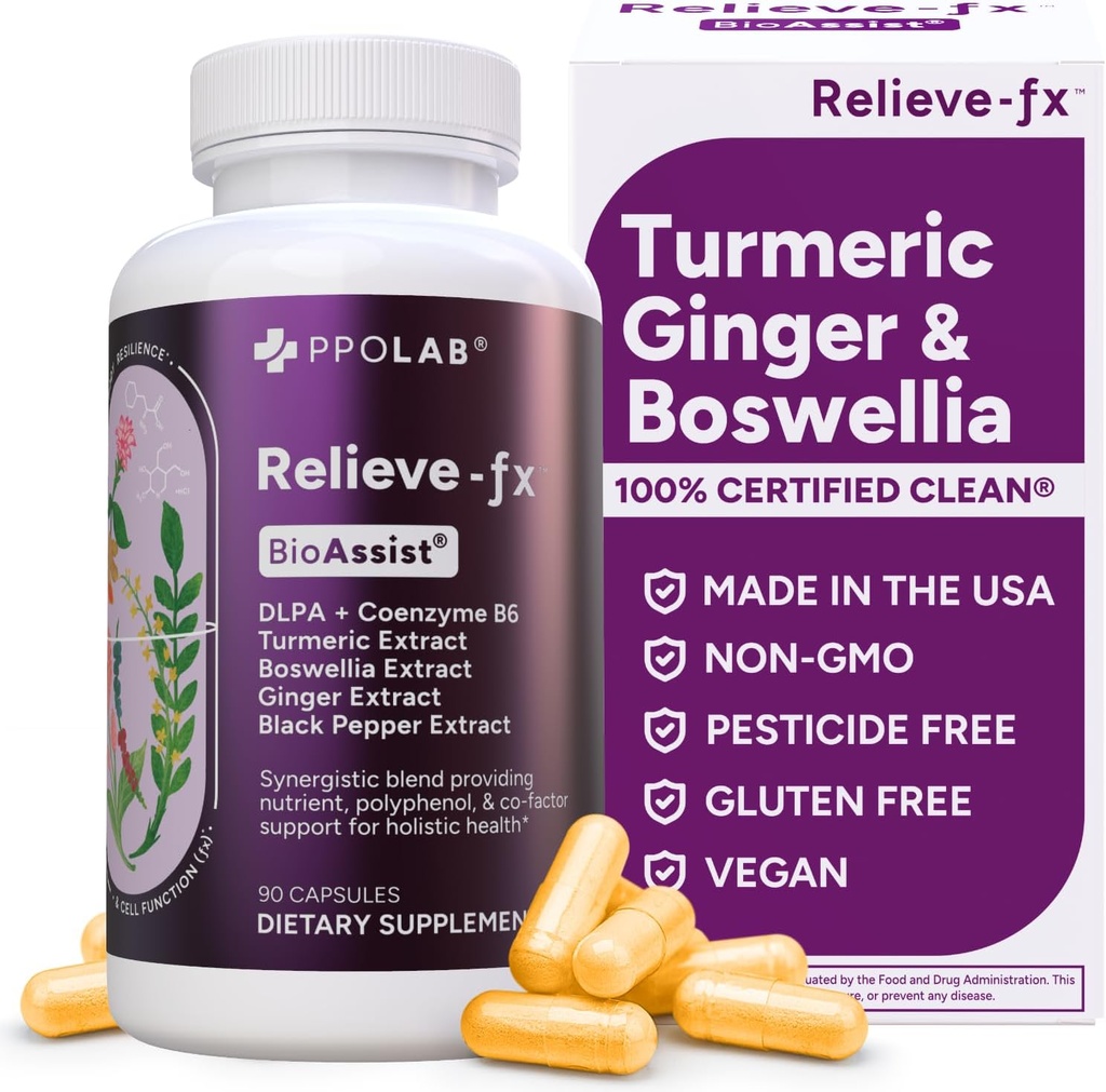 Relieve-fxTM DLPA Boswellia Turmeric şi Ginger Supliment, Stres Relief, Inima, Digestie, Crampa musculara, comun, Inflamaţie Sănătate, Vitamina B6 P5P, Acid Boswellic, Curcumin cu Pepper negru - 90ct