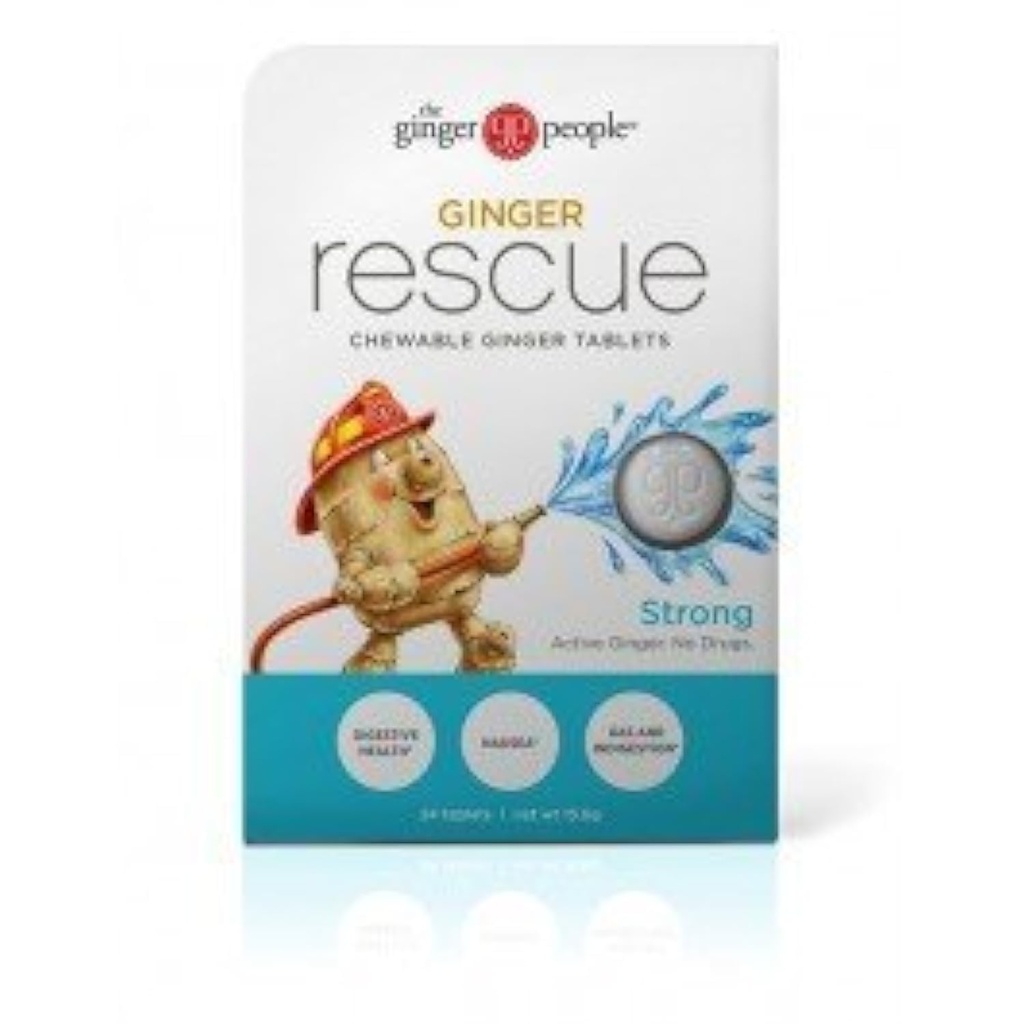 Ginger People Ginger Rescue® Tablete masticabile de droguri Digestive Sănătate liberă, 5,5 oz Tablete masticabile, Aroma puternică de ghimbir, 0.55 Oz, 10 Conte Caddy (240 comprimate)