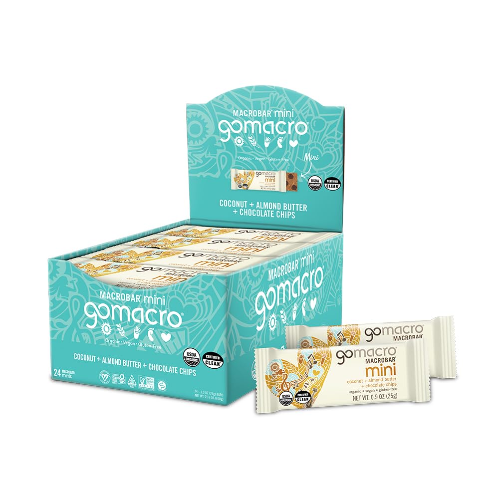 GoMacro MacroBar Mini Organic Vegan Snack Bars - Coconut + Unt de migdale + Ciocolată Chips (0,90 Ounce, 24 Conte)