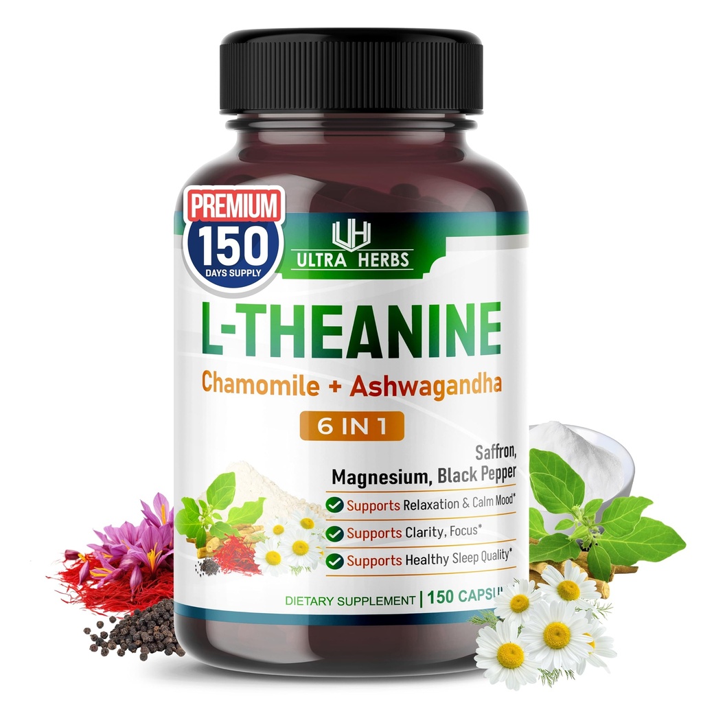 Suplimentul L-Theanin - 6 IN 1 Complex imbogatit cu magneziu, Ashwagandha, Saffron, Mușețel - Suport Relaxare, Calm și calitate somn 150 Capsule