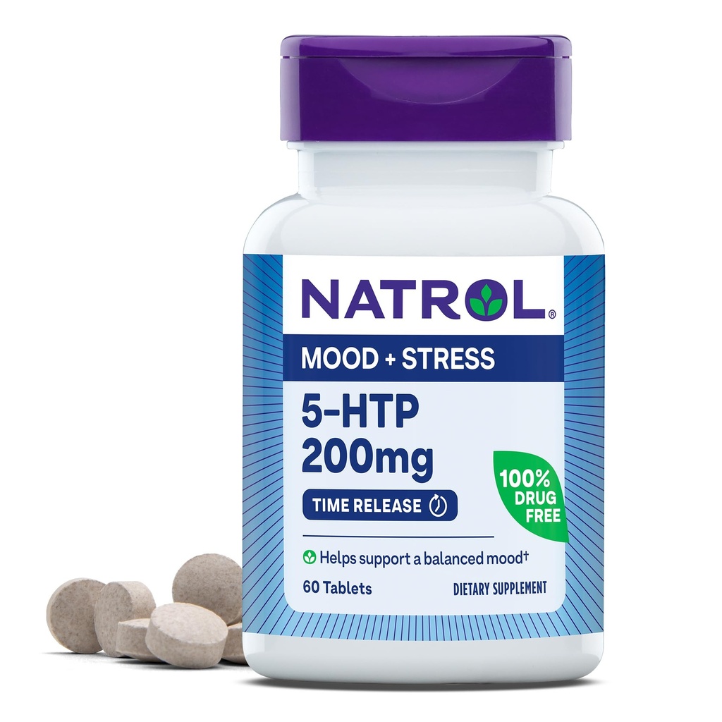 Natrol 5-HTP 200mg, Supliment alimentar ajută la susținerea unui mod echilibrat, 60 comprimate de eliberare de timp, 60 zile de aprovizionare
