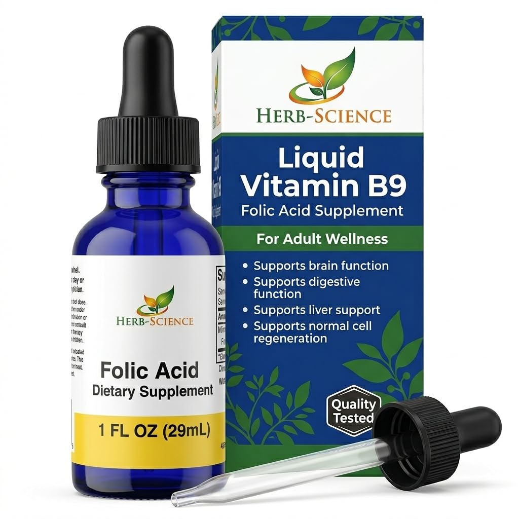 Vitamina lichida B9 Suplimente acid folic - Picături VIT B pentru funcţia cerebrală şi digestivă, Suport hepatic - Gluten-Free, non-GMO, Vegan - Supliment nutriţional pentru adulţi - 1 fl. oz.