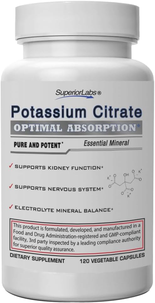 Superior Labs Potasiu Citrate 100 mg, Pure Non-GMO Electrolit Minerale, Aditiv-Free, Rinichi Piatră & suport pH, Crampe musculare, Heart & Funcție nervoasă, Alkalizing Balanță, 120 Veg Caps