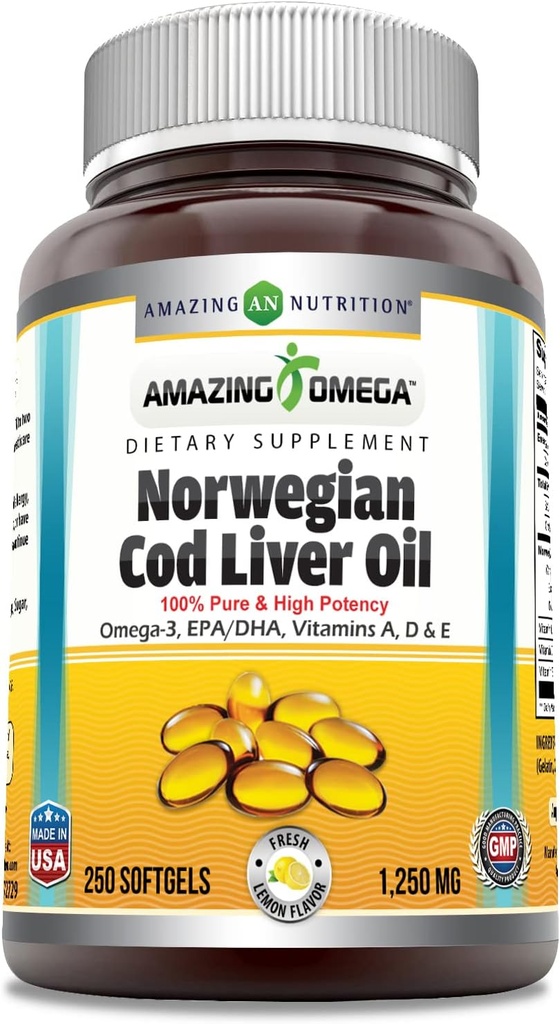 Amazing Omega Norvegian Cod Ulei de ficat de ficat 1250 Mg Softgels Supliment 