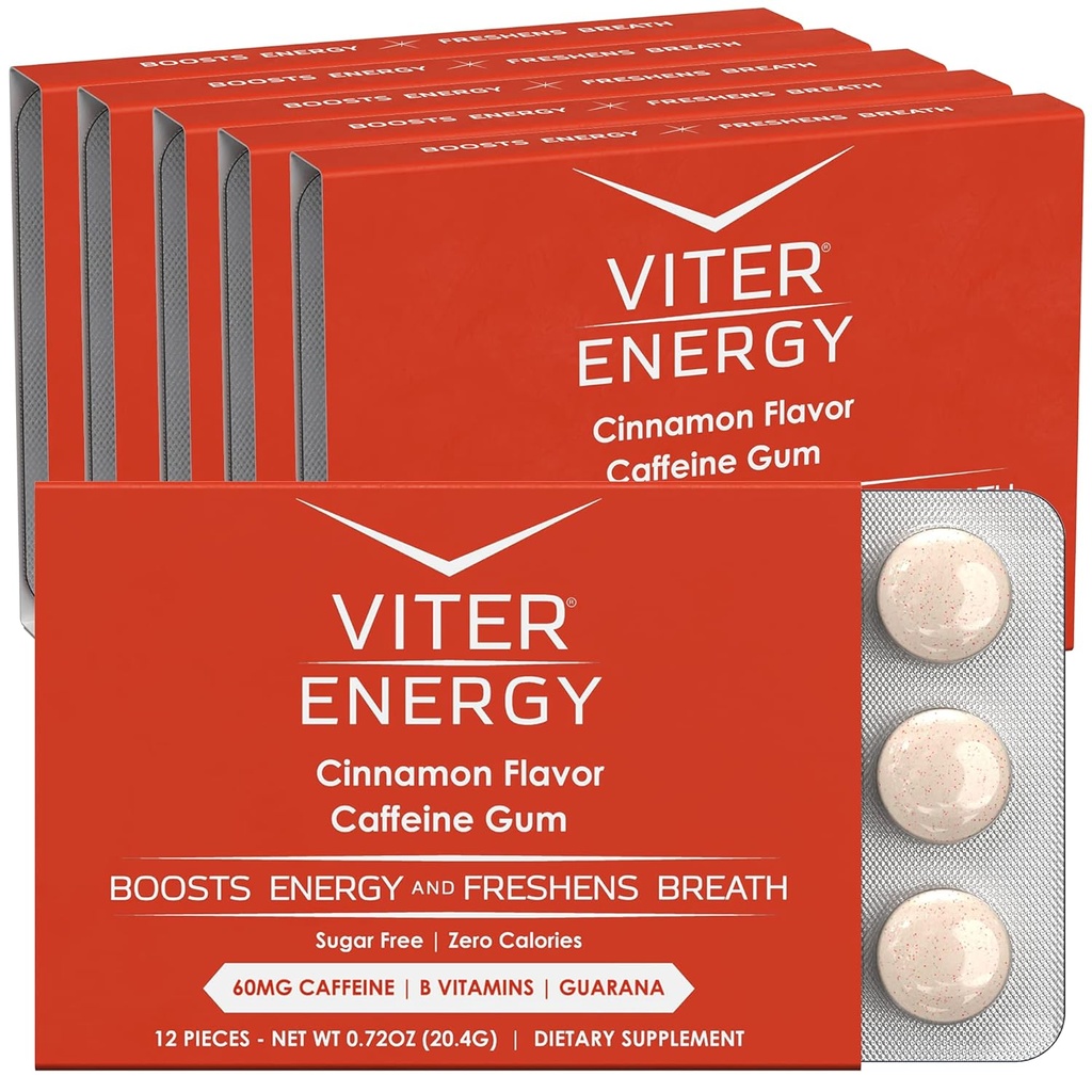 Viter Energy Caffeinated Gum 60mg Caffeine, B Vitamine, Guarana, Sugar Free. (Cinnamon, 12pcs, 6 Pack)