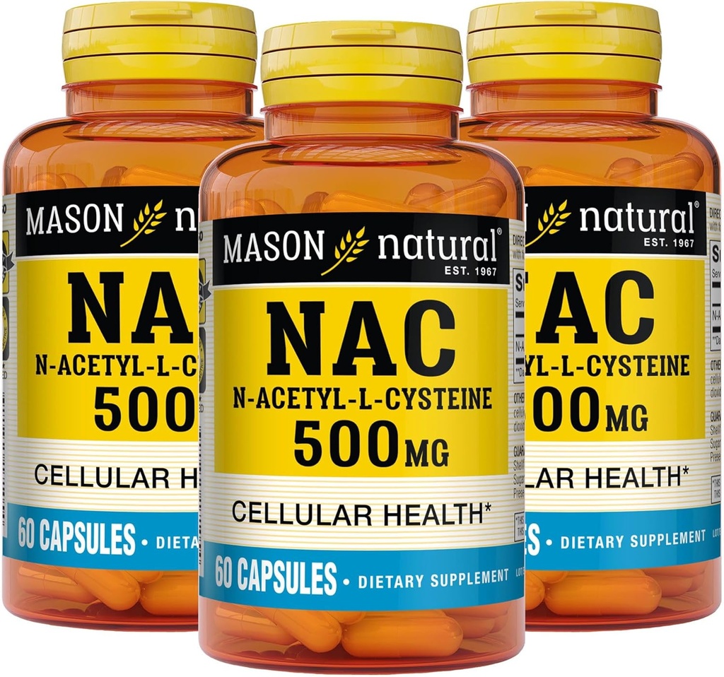 Mason Natura NAC N,Acetyl,L,Cysteine 500 mg, 6 Luna de aprovizionare, Suporturi Normale de sănătate celulară, Sistem imunitar Booster pentru Wellness General, 3 Pack