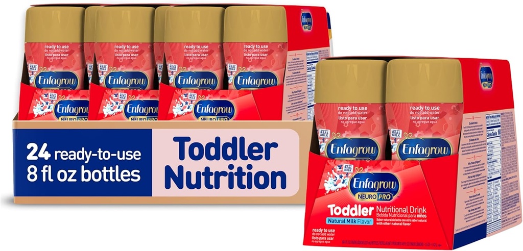 Enfagrow NeuroPro Toddler Nutritional Drink, Made with Real Milk, Brain-Building Omega-3 DHA, Nutrients for Growth & Immune Support, Non-GMO, Gata de utilizare, 8 fl Oz (24 Sticle)