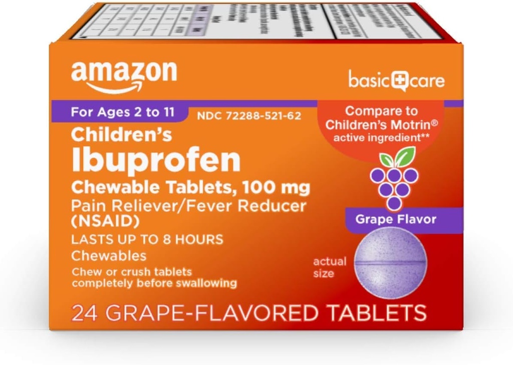 Îngrijire de bază pentru copii Ibuprofen comprimate masticabile 100 mg, Aroma de struguri, Reliever durere și Reducetor de febră (AINS), Pentru Sore gât, dureri de dinți, Relief de cap și mai mult, 24 Conte