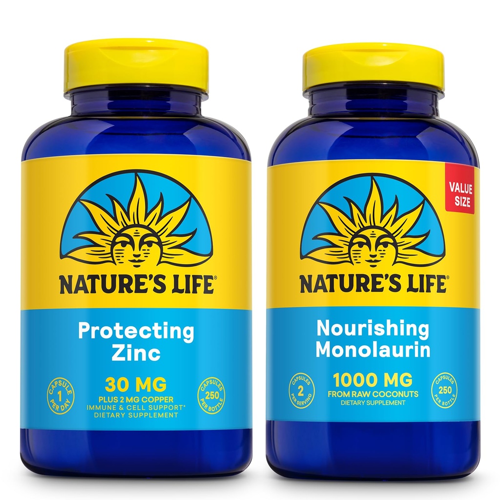 Natura's Life Nourishing Monolaurin 1000mg 250ct și protejarea zinc picolinat 30mg 250ct - Gut Health and Immune Supplements - Monolaurin de nuci de cocos brute, Chelated Zinc - 60-Day Guarantee