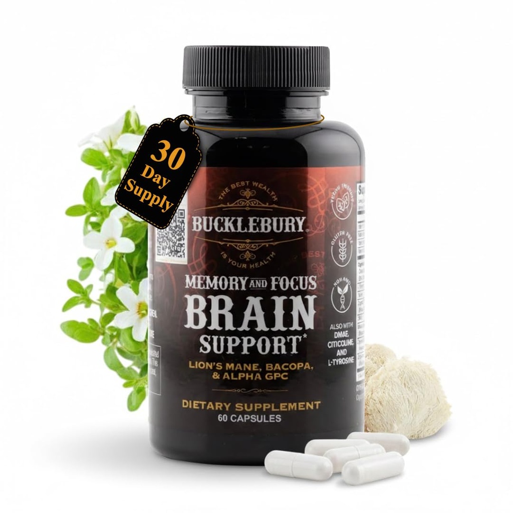 BUCKLEBURY Creier și Suplimente de memorie cu Bacopa & Alpha GPC - Capsule cerebrale Nootropice pentru Suport Cognitiv, Focus și Claritate Mintală - Pastile de memorie și focalizare pentru femei și bărbați - capsule Vegan 60