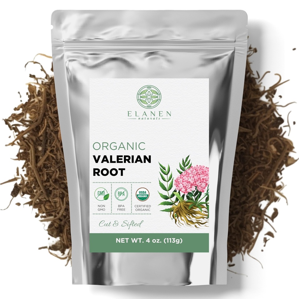 Elan Naturals Organic Valerian Root 4 oz. (113g), USDA Certified Organic Valerian Root Tea Herb, Te De Valeriana Para Dormir, Valarian Officinalis Whole Loose Leaf, Cut & Sifted