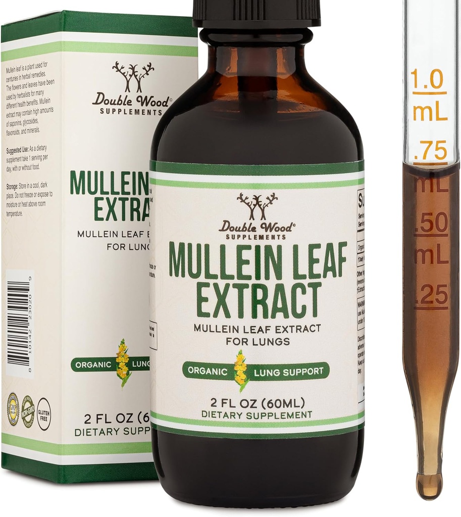 Suplimente duble de lemn Mullein Leaf picături pentru plămâni, 2 FL OZ (60 de serviri), Suporturi Lung & Respirație (Better Absorbed Than Capsule)
