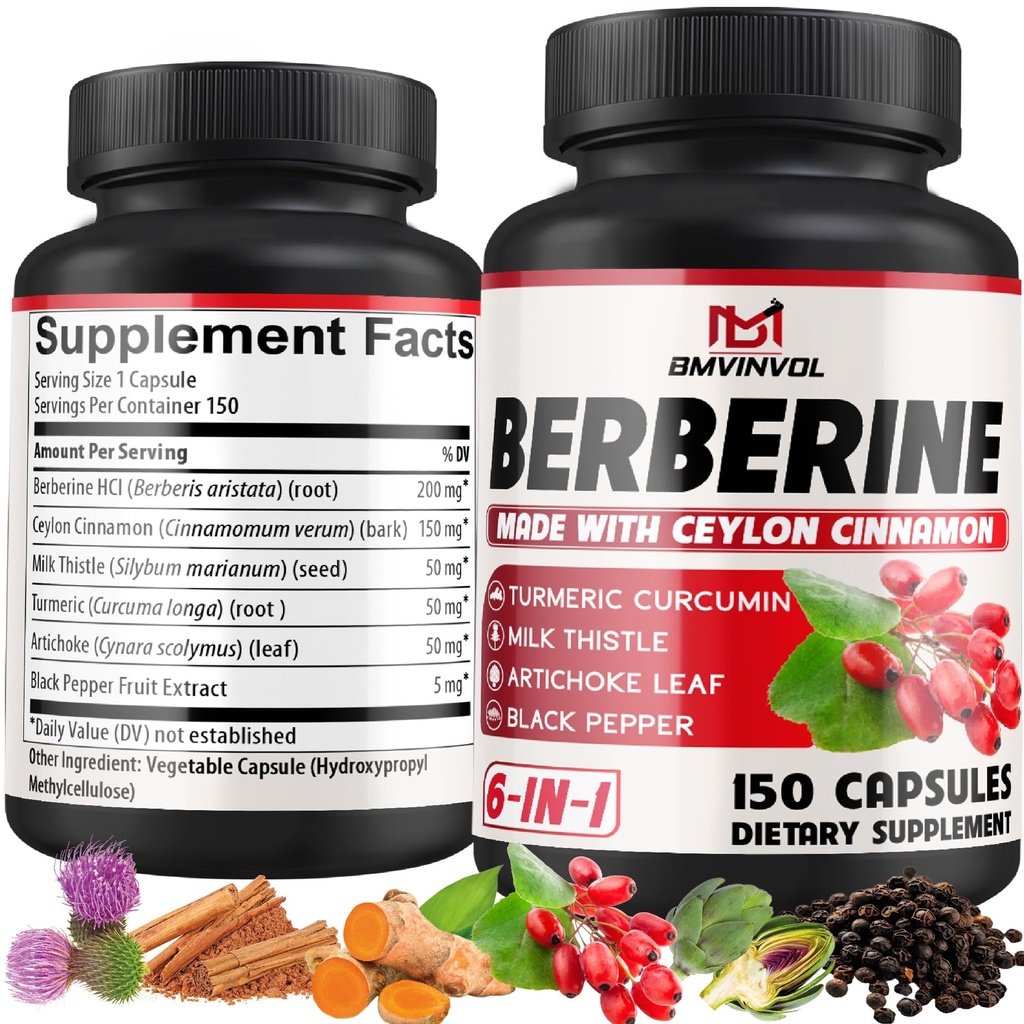 Berberine HCl, 150 capsule - Plus Ceylon Scorțișoară, Turmeric, Mulgemi de lapte, Artichoke, Pepper negru, Berberine HCI Suplimente Root Pastile - Sistemul imunitar