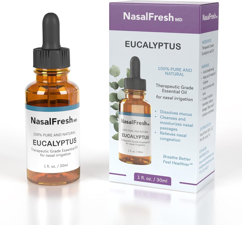NASALFRESH MD - Eucalipt Ulei esential - Irigare nazala - Relief de congestie - Aditiv de spalare nazala - Ulei esential de grad inalt - Curatati si moisturiaza Pasajele nazale - 1 oz