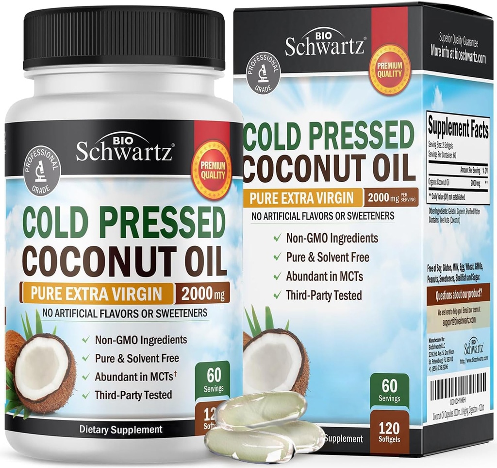 Capsule de ulei de nucă de cocos 2000mg - organic pure extra virgină Nerafinat la rece presat MCT bogat & non-GMO pentru sănătos piele unghii suport de crestere a parului Digestie anti imbatranire - 120ct (2 lună de aprovizionare)