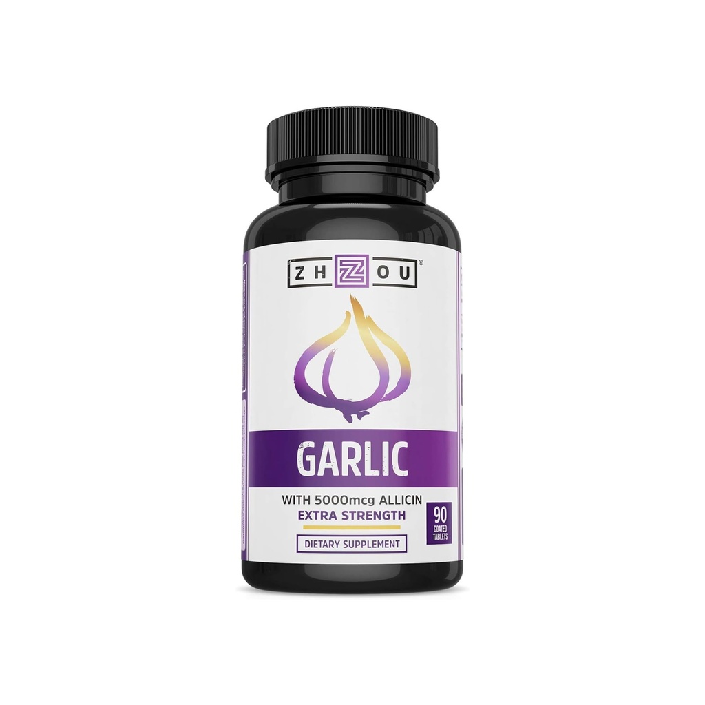 Zhou Usturoi cu Allicin - Suplimente Usturoi, Pastile de extract de usturoi Odorless pentru bărbați și femei, 5000 mcg Allicin per comprimat pentru Imunity & Heart Health - 90 comprimate filmate (Pachet de 1)
