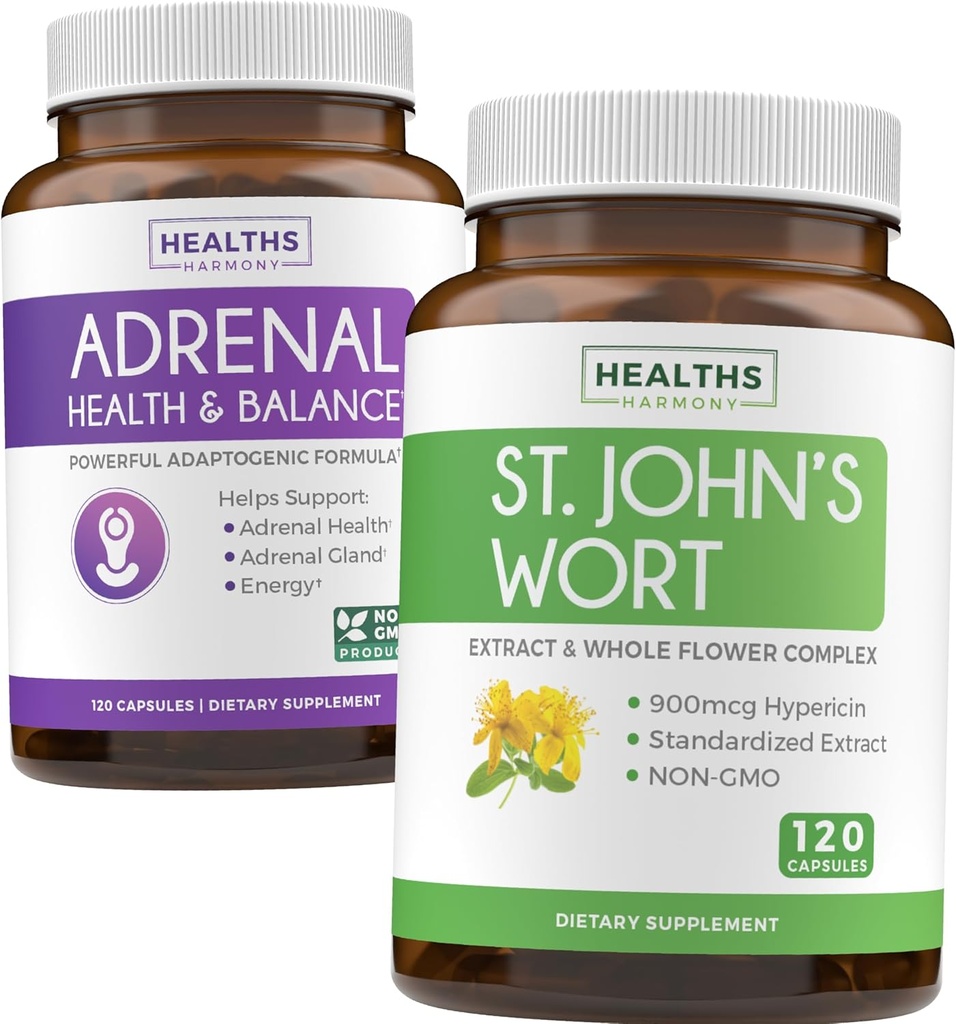 Adrenal & St. John's Wort (4-Month Supply) Mood Harmony Pack - Adrenal Support with L-Tyrosine (120 Capsule) & St. John's Wort with Powerfil 900mcg Hyperacin 500mg per Capsule (120 capsule)
