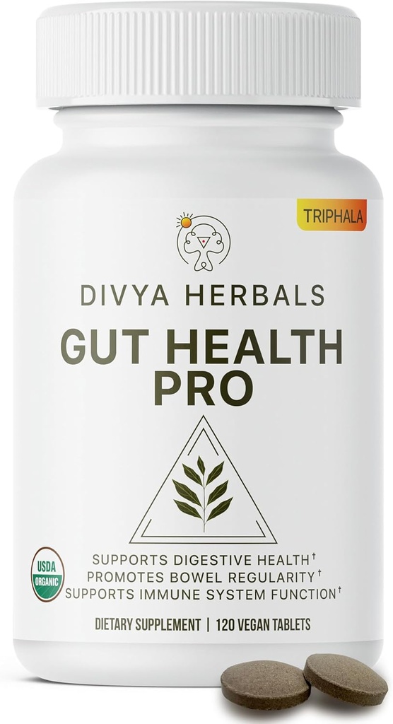 Gut Health Pro - Bloat Relief, Detox & Digestive Supplement - 100% Pure Organic Triphala - pentru femei si barbati - Uncoated Vegan Tablets -120Ct
