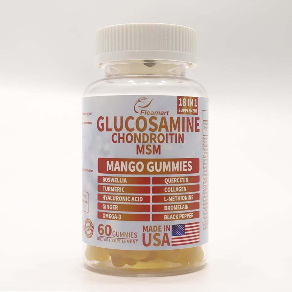 Glucosamină Chondroitin Gummies cu MSM 60 CT Zahăr Glucosamină Chondroitin Gummies Triple Putere pentru sănătate comună și sprijin imun pentru adulți, Bărbați și femei - Mango Flavor