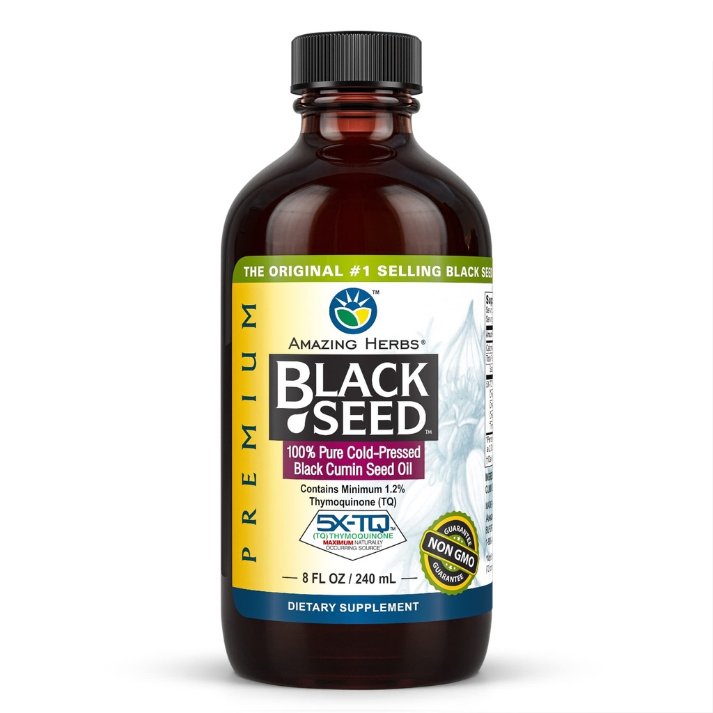 Amazing Herbs Premium Black Seed Oil - Gluten Free, Non OMG, Cold presat Nigella Sativa SIDA în Digestive Health, Immune Support, Brain Function - 8 Fl Oz