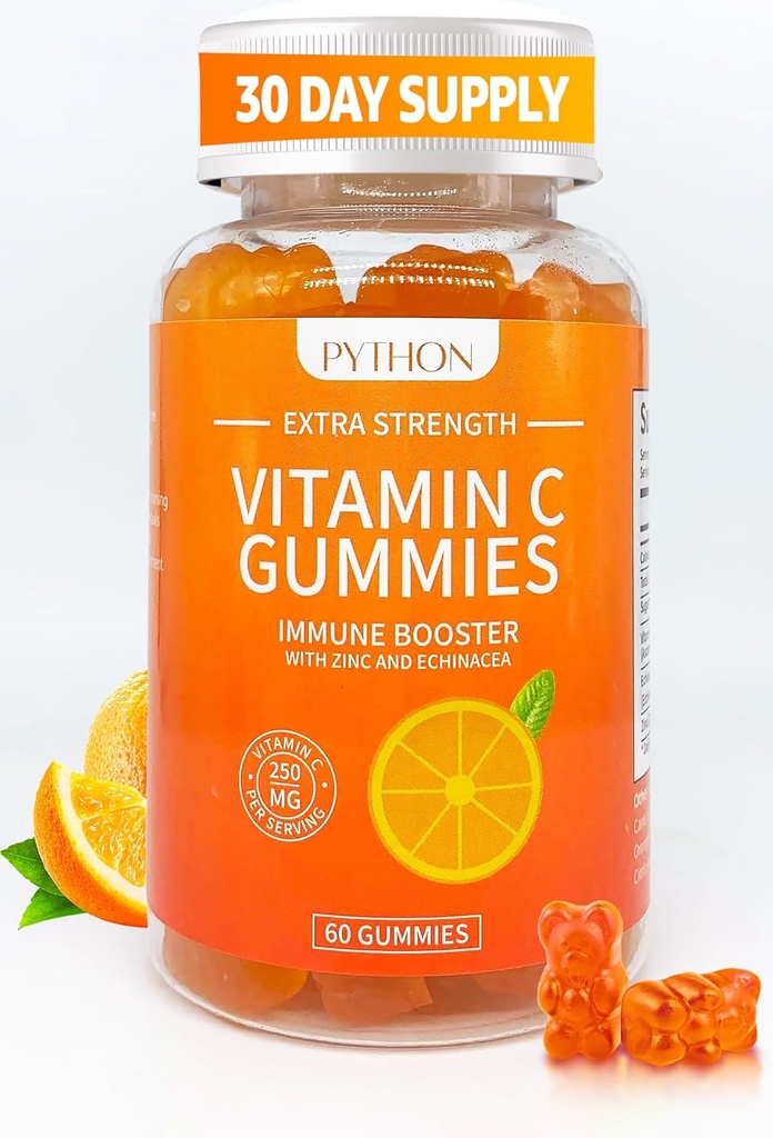 Python Vitamina C + Echinacea Supliment pentru Imunitate și Sănătatea Plămânilor, Sprijină Producția Colagen, Hidratarea pielii, Imunitate și Sănătate, 60 Vegan Gummy Chews pentru adulți și copii - 1 lună de aprovizionare