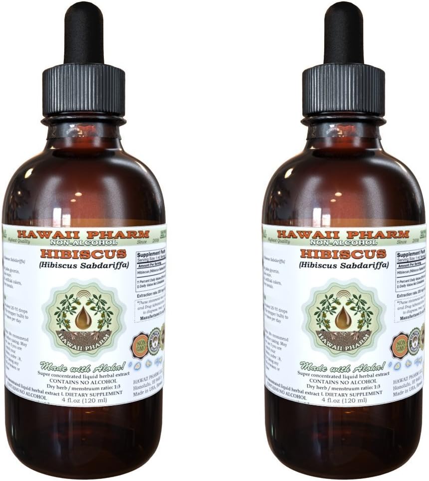 Hibiscus Extract lichid fără alcool, Hibiscus organic (Hibiscus Sabdariffa) Flori uscate Glicerite Hawaii Pharm Supliment natural Herbal 2x2 oz