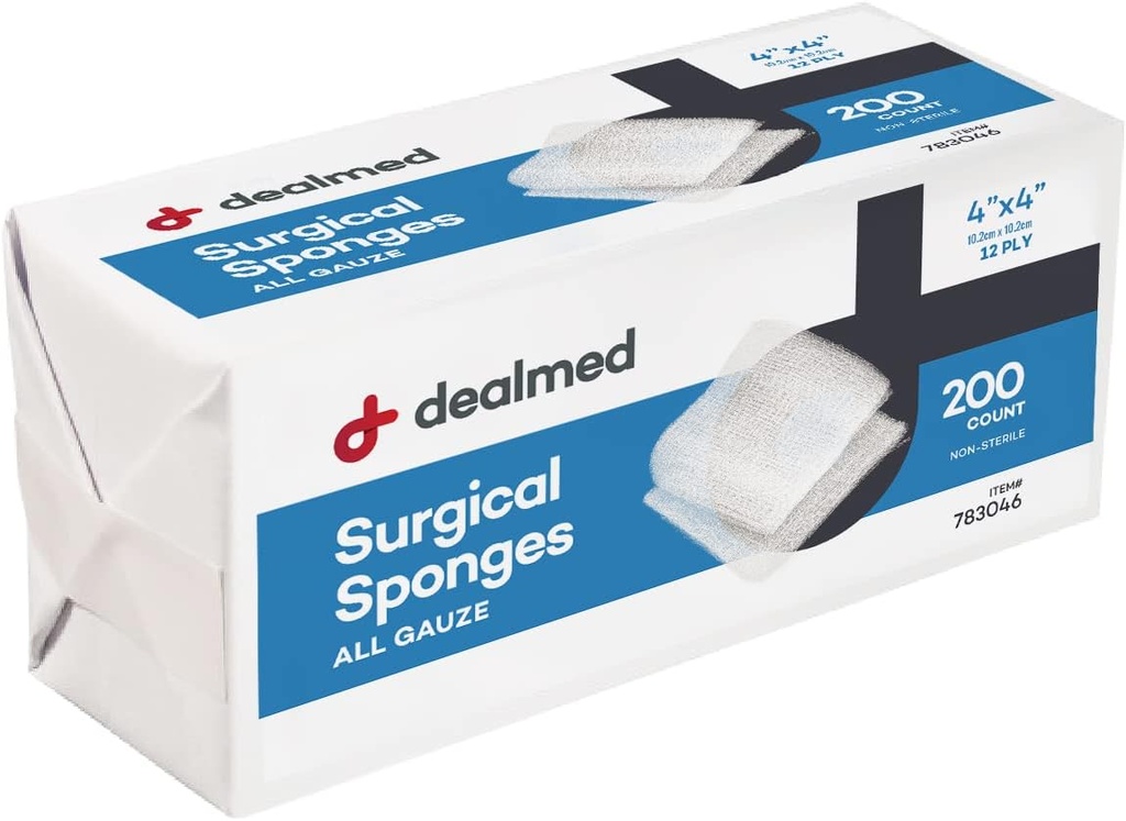 Dealmed 4" x 4" Bureți chirurgicali, 12-Ply, Pad-uri absorbante de țigarete, Îngrijire răni non-sterile pentru Kit de prim ajutor și facilități medicale, 200 Conte (Pachet de 1)