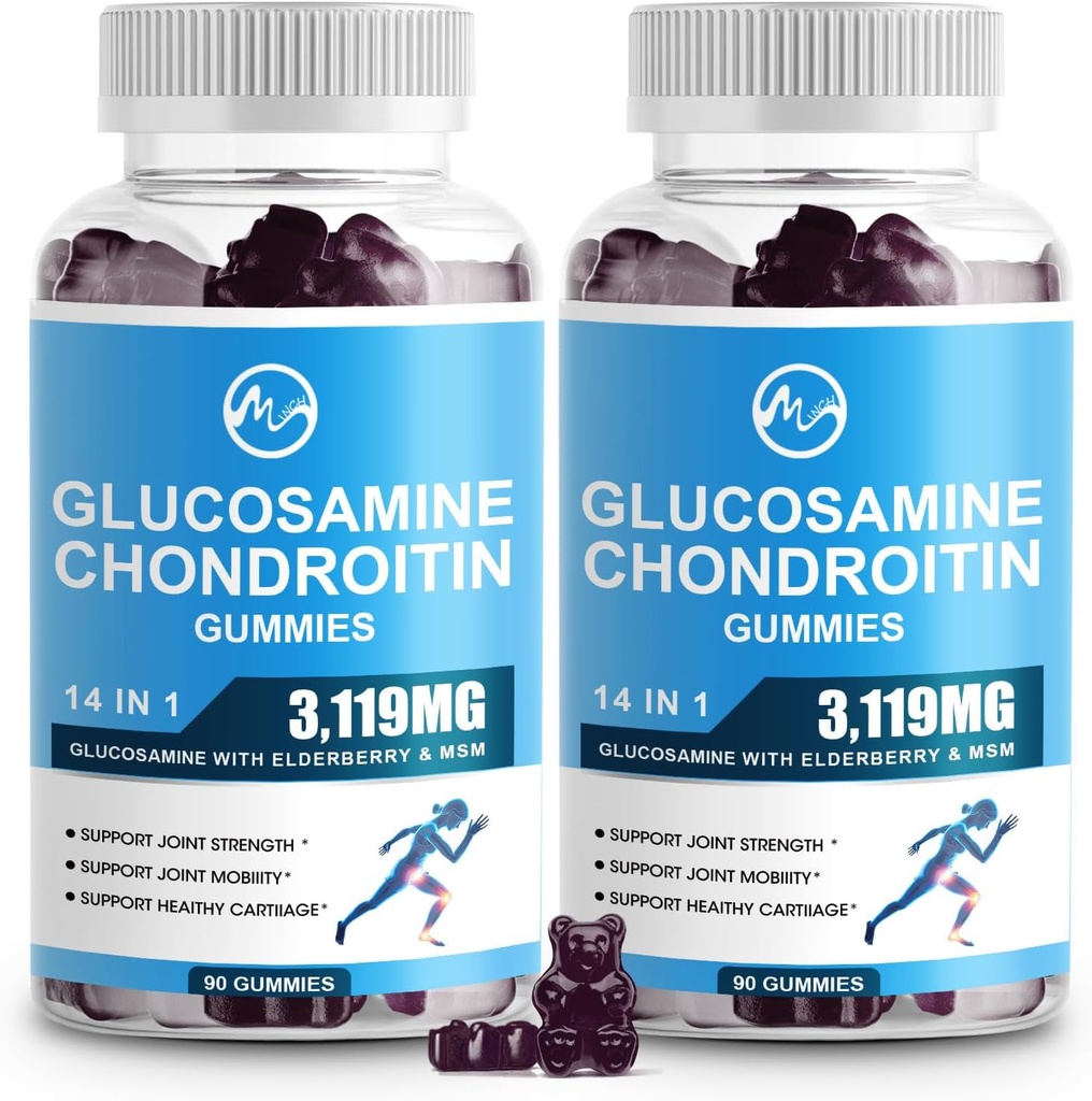 M inch Glucosamină Chondroitin Gummies, 1500mg Glucosamină & 1000mg MSM per Serving, Supliment de sprijin comun pentru adulți, Aroma de elderberry, 45 Serviri (Pachet de 2)