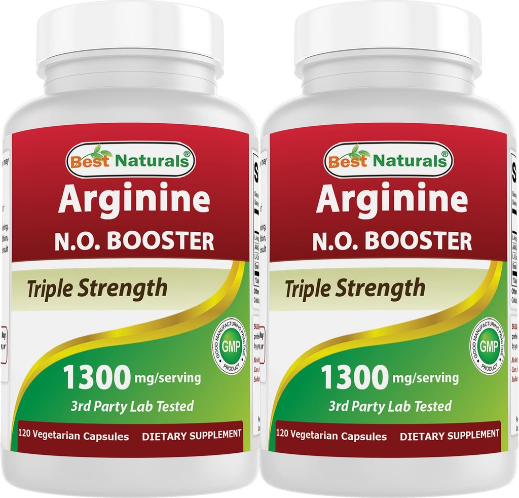 Cel mai bun Naturals L-Arginină NO Booster Triple Putere 1300 mg Servirea 120 Veg Capsule (120 Conte (Pachet de 2))