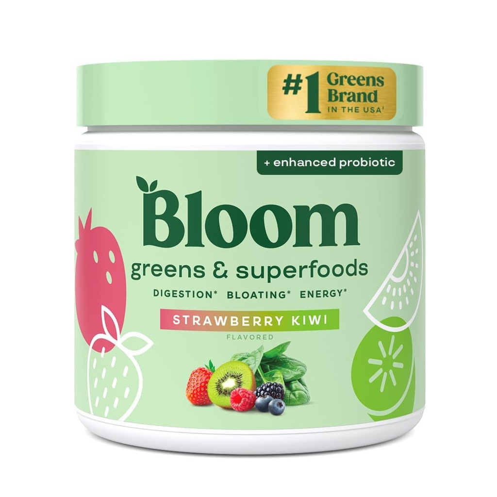 Bloom Nutriție Verzi și Superfoods Pulbere pentru Sănătate Digestivă, Verzi Pulbere, Enzime Digestive, Probiotice, Spirulina, Chlorella pentru Bloating & Suport Gut, Suc Verde, 30 SVG, Căpșuni Kiwi