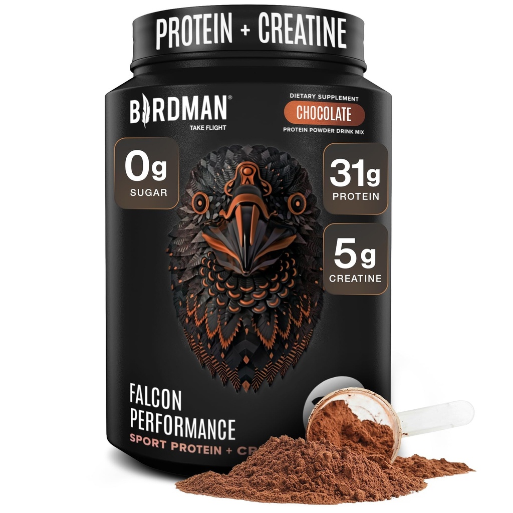 Birdman Falcon Performance Vegan Proteina pulbere, 31g Proteina, 5g Creatina, 5g BCAA, Probiotice, Electroliti, Pre Workout, Low Carb, Sugar Free & Dairy Gratuit, plante pe bază de proteine de ciocolată -19 serviri