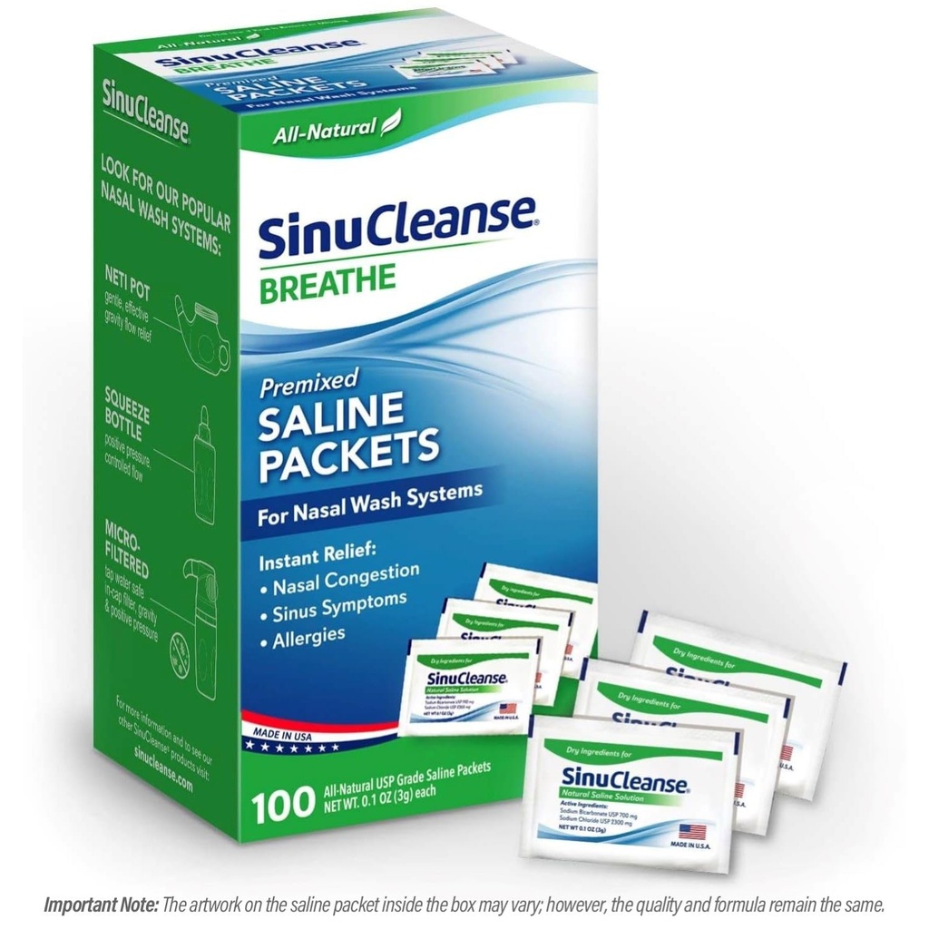 SinuCleanse Pachete saline pre-amestecate pentru sisteme de clătire sinusală și de irigare nazală, 100 Conte, Made in USA, All-Natural, de grad farmaceutic și PH echilibrat