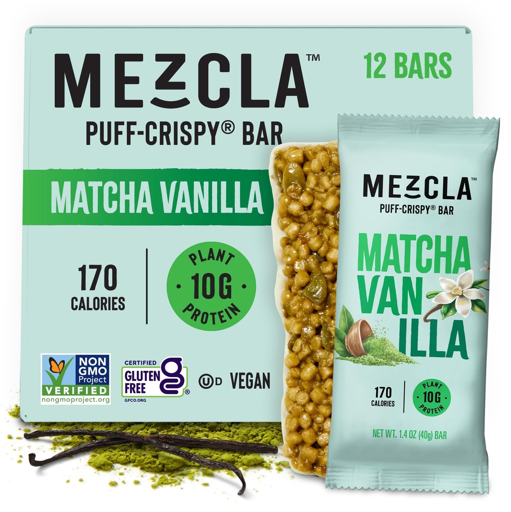Mezcla Puff Proteine Baruri, gluten gratuit și Vegan Baruri de proteine, 10g Proteina, Alt pentru Crispy Rice Treat, Granola Baruri și mic dejun Baruri, Sanatos gustari pentru adulți, Matcha Vanilla, 12 Pack