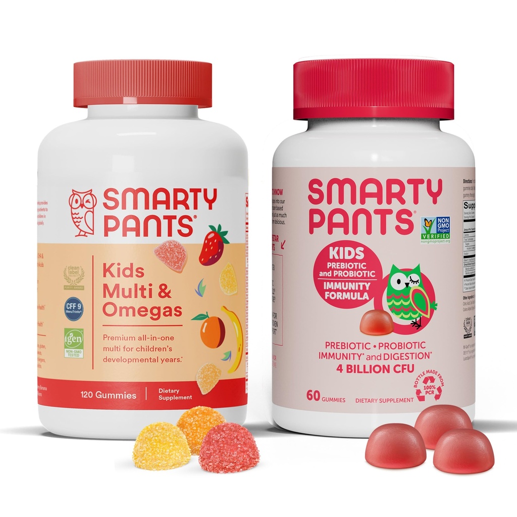 InteligentPants Copii Multivitamine Gummies și Probiotic Imunity Bundle: Omega 3 Ulei de pește (EPA/DHA), Vitamina D3, C, Vitamina B12, B6, Digestive & Imunity Supplement (30 Day Suppliment)