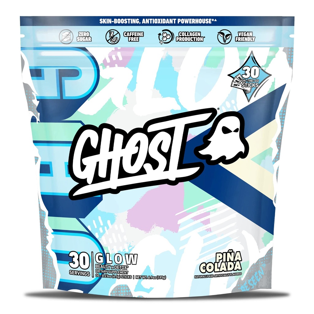 Stick-uri GHOST Glob: Beauty and Detox Supplement - 30 On-The-Go Stick Packs, Pina Colada - Acid hialuronic, Biotin & L-Theanină pentru Skin-Boosting Support