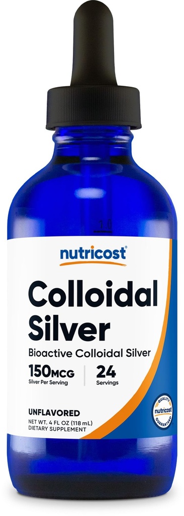 Nutricost Silver coloidal 4oz - Sticle de sticlă albastru de cobalt, argint coloidal bio-activ