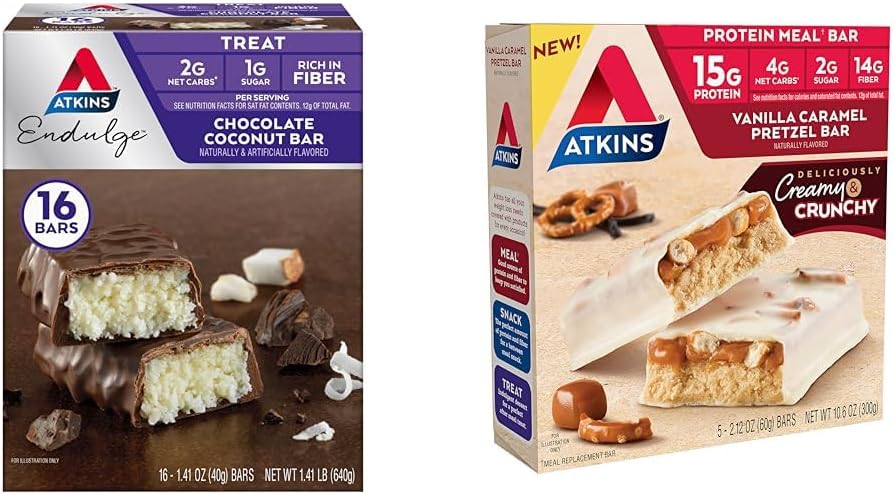 Atkins Chocolate Coconut Bar 16 Count, Vanilla Caramel Protein Meal Bar 5 Conte