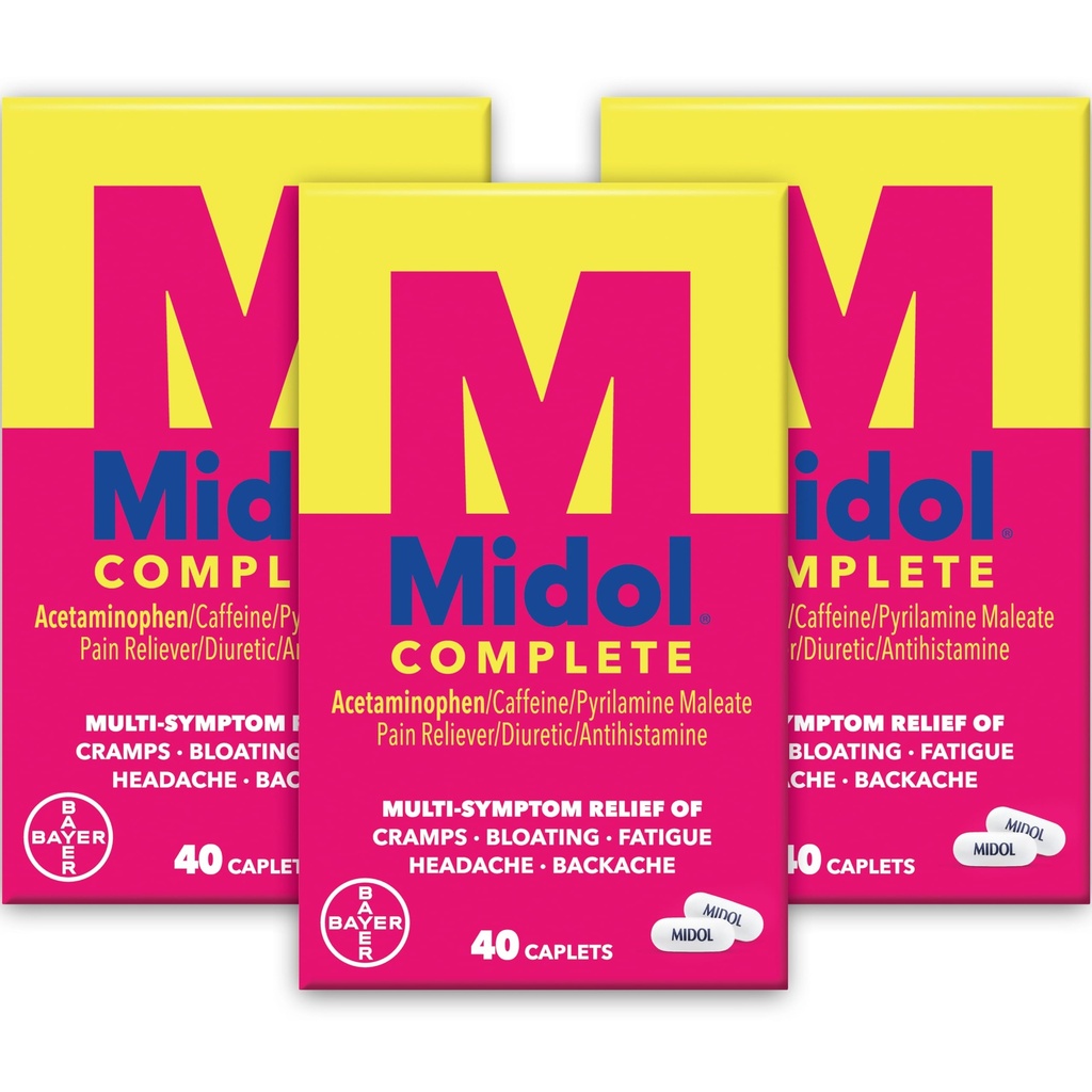Midol Complet Menstrual Pain Relief Caplete cu Acetaminofen pentru Crampe de perioada, și Simptom de ajutor menstrual - 40 Conte (Pachet de 3) (Pachet de mai Vary)