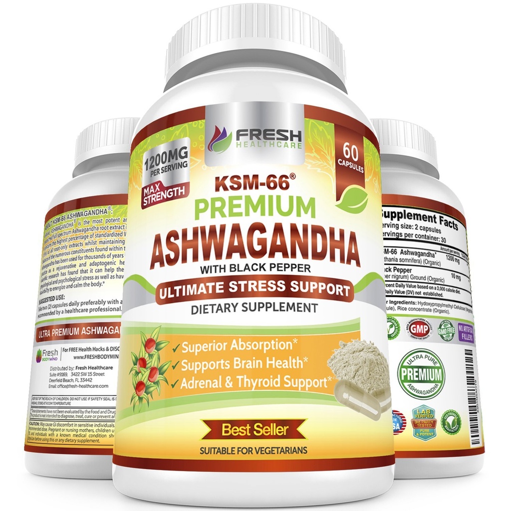 Extract de rădăcină pură KSM-66 1200 mg cu Pepper negru pentru absorbţie ridicată - Potent Ashwagandha Supliment - 60 capsule Vegan