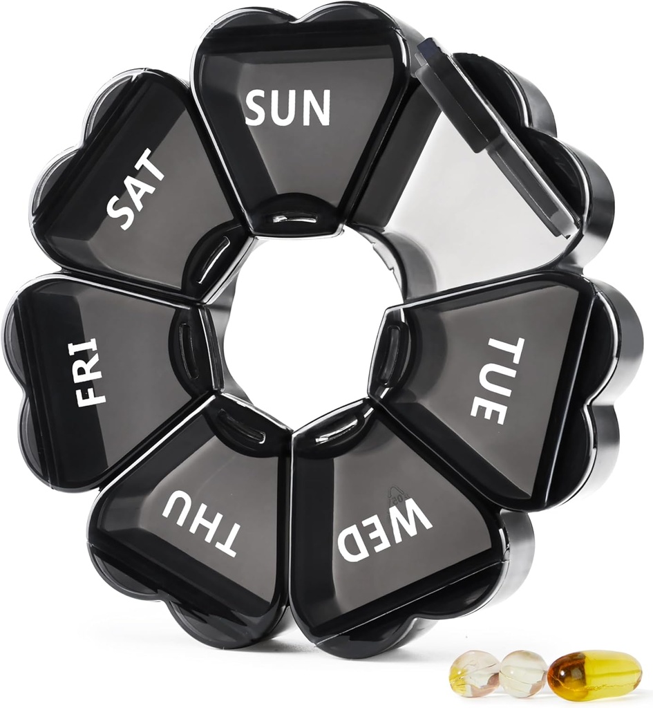 MOLN HYMY mare organizator pilula 7 zi, destul de săptămânal cutie de pastile, drăguț Girly Medicine Dispenser Container pentru vitamina, Gummy, medicamente, supliment (negru)
