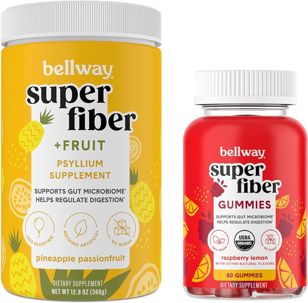 Bellway Super Fiber Powder + fructe, Ananas Pasiune Fructe Super Fibră Gummies Bundle