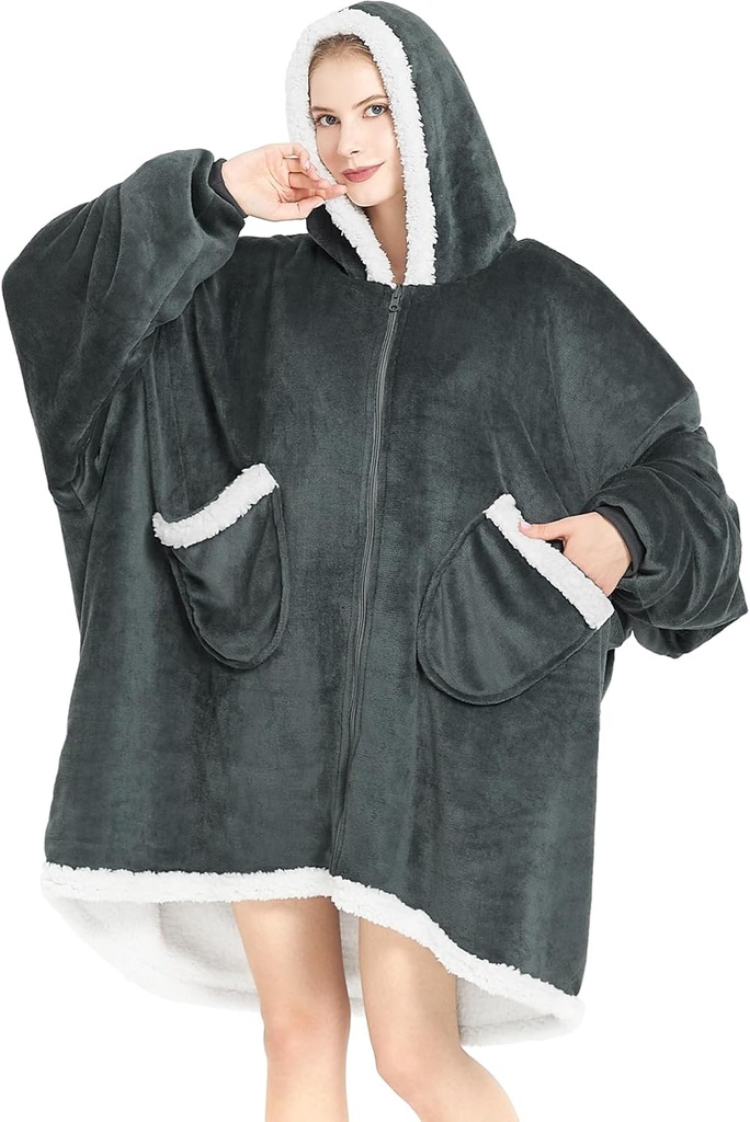 Topcee Oversized Blanket Sherpa Fleece Blanket Hoodie Comfortabil Soft Warm Thick Big Hood sweatshirt - Cozy și Blanket Fuzzy cu buzunar gigant - Gri închis