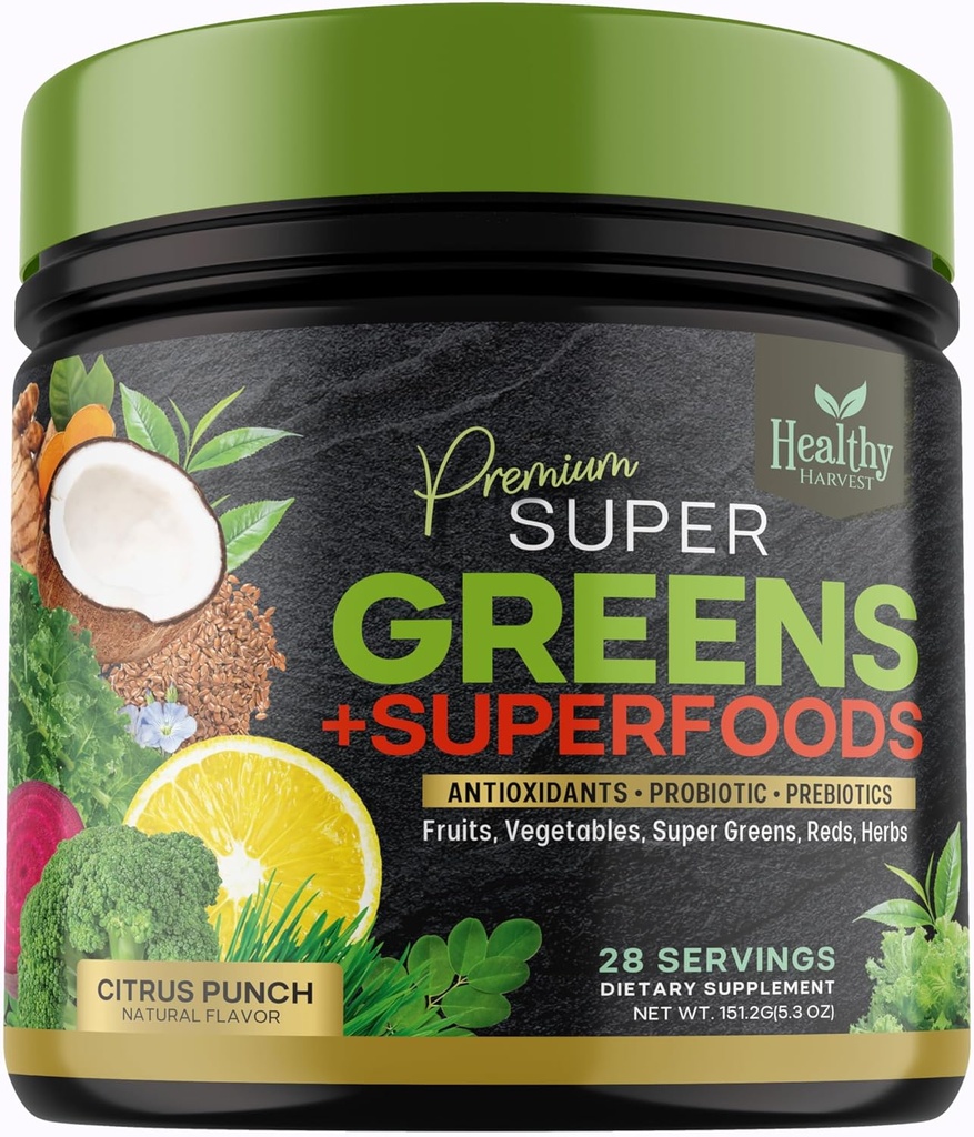 Greens Powder Superfood Supplement - Super Green Reds Smoothie Mix Blend cu Spirulina, Grass de grâu, Chlorella, Beets, Probiotice, Antioxidanți naturale - Vegan, Non-GMO - 28 Serviri
