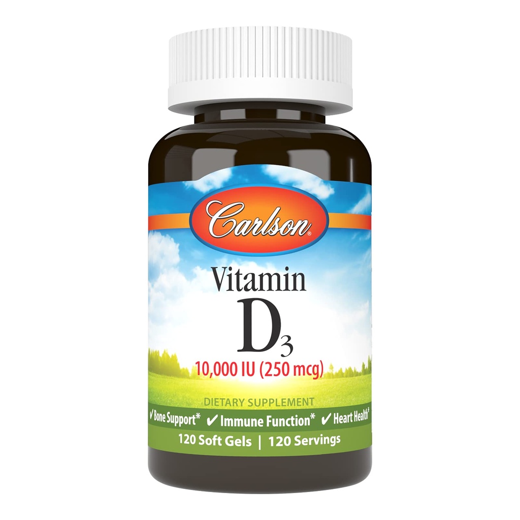 Carlson - Vitamina D3, 10000 UI (250 mcg), Vitamina D Suplimente, Bone & Immune Support, Vitamina D3 Softgels, Heart Health, Gluten Free Vitamina D Capsule, 120 Softgels