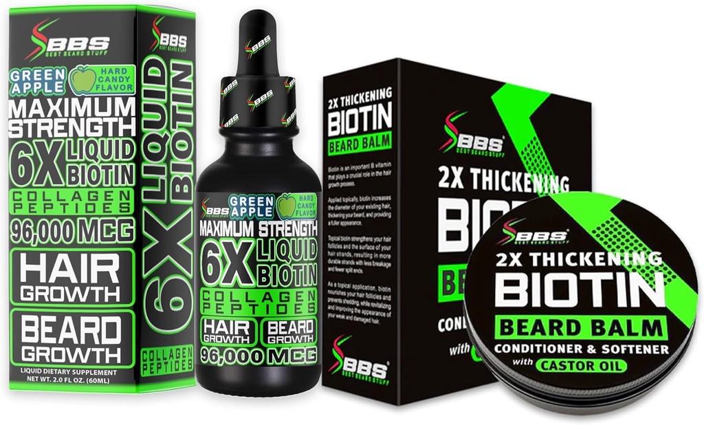 Kit de creștere barbă w/ 2X îngroșare barbă Biotin Balm & Mustață Ceară + 6X Biotină lichidă cu petide Colagen pentru creșterea părului facial - Formulat în America